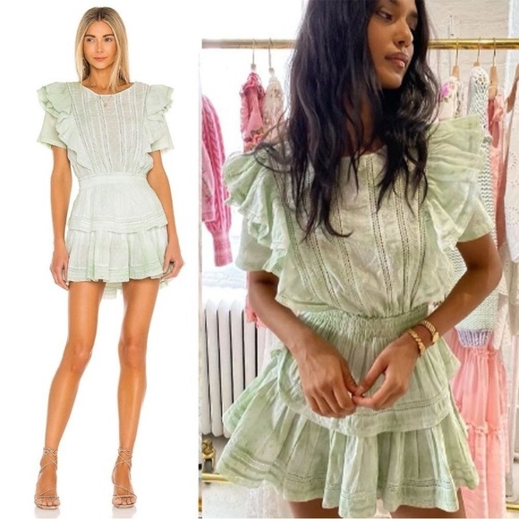 LoveShackFancy Natasha Light Green Lace Embroidered Ruffle Mini Dress Large - Picture 1 of 13